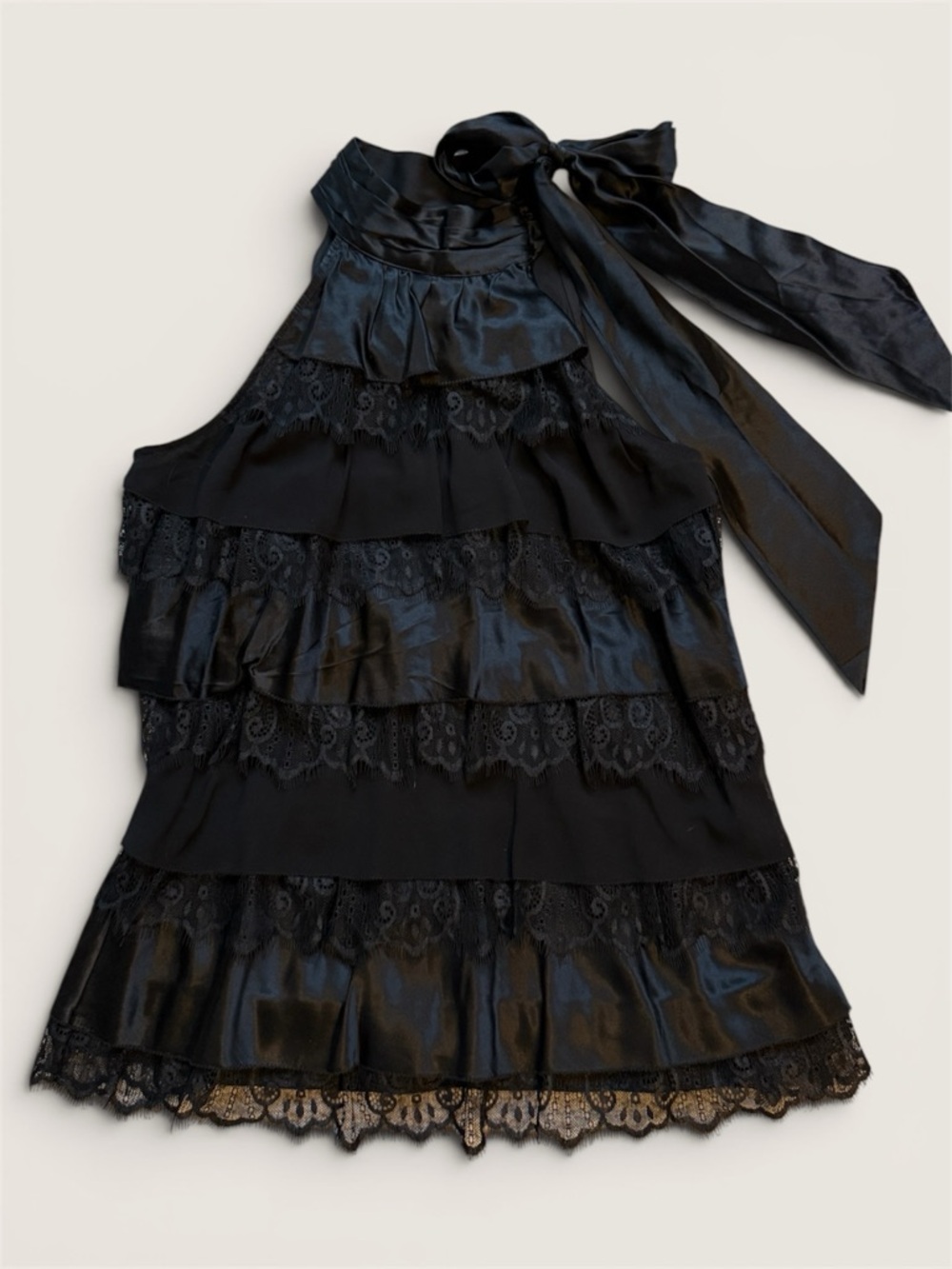 White House Black Market Black Satin Halter Top with Neck Tie